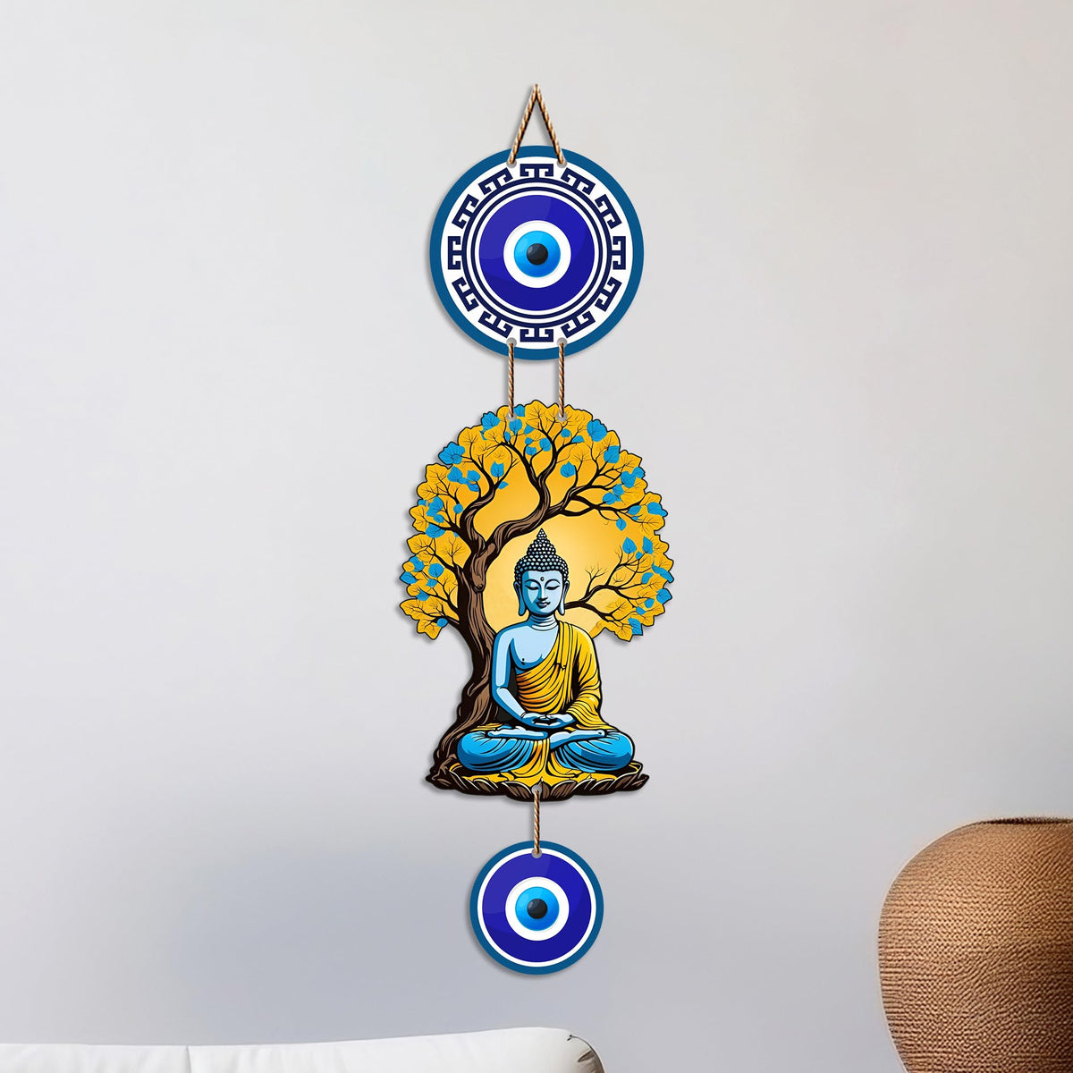 Artvibes Buddha Under Bodhi Tree Wall Hanging with Evil Eye Protection Charm | Spiritual Meditation Decor for Peace | Harmony and Positive Energy | Wall Art for Living Room | Yoga Room (WH_8595N)
