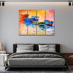 VIBECRAFTS Beautiful Boat In Sunset Background 4 Pieces Canvas Wall Painting Fitted With Wooden Frame For Home | Office | Living Room | Gifts (PTVC4Pcs1_13503)
