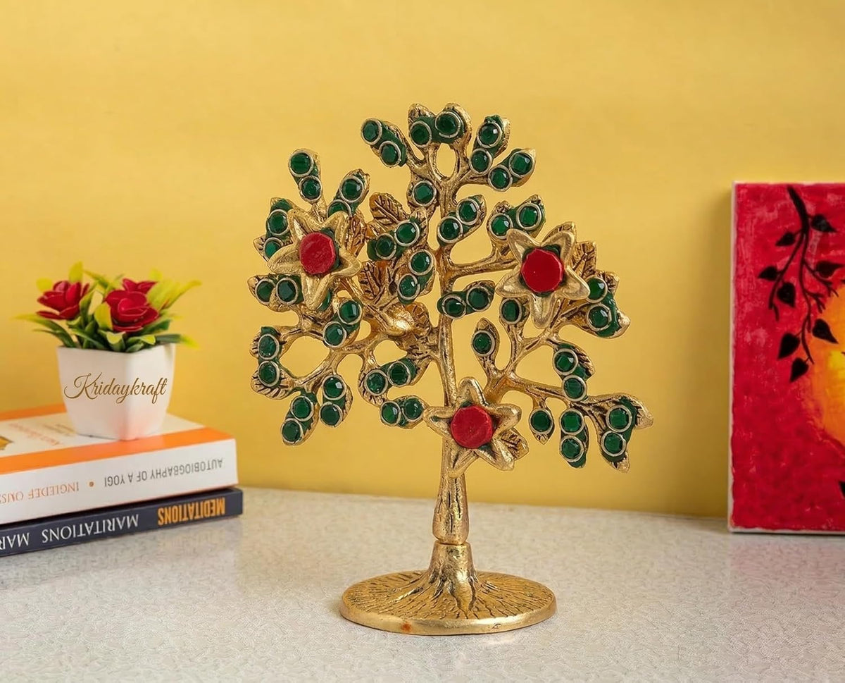 Metal Kalpavriksha Tree for Home Decor - Golden Wish Fulfilling Tree Metal Showpiece for Temple, Vastu, Office Table & Gifting Banyan (No 1 Golden Stone with Box)