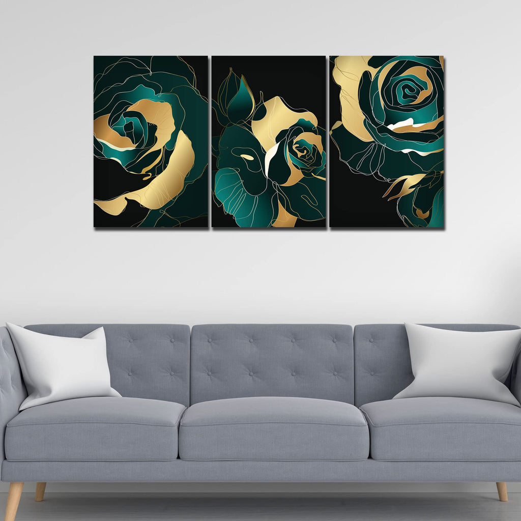 VIBECRAFTS 3 Pieces Abstract Line Art Rose Flower Canvas Wall Painting Fitted With Wooden Frame For Home | Office | Living Room | Gifts(PTVC3Pcs3_11508N)