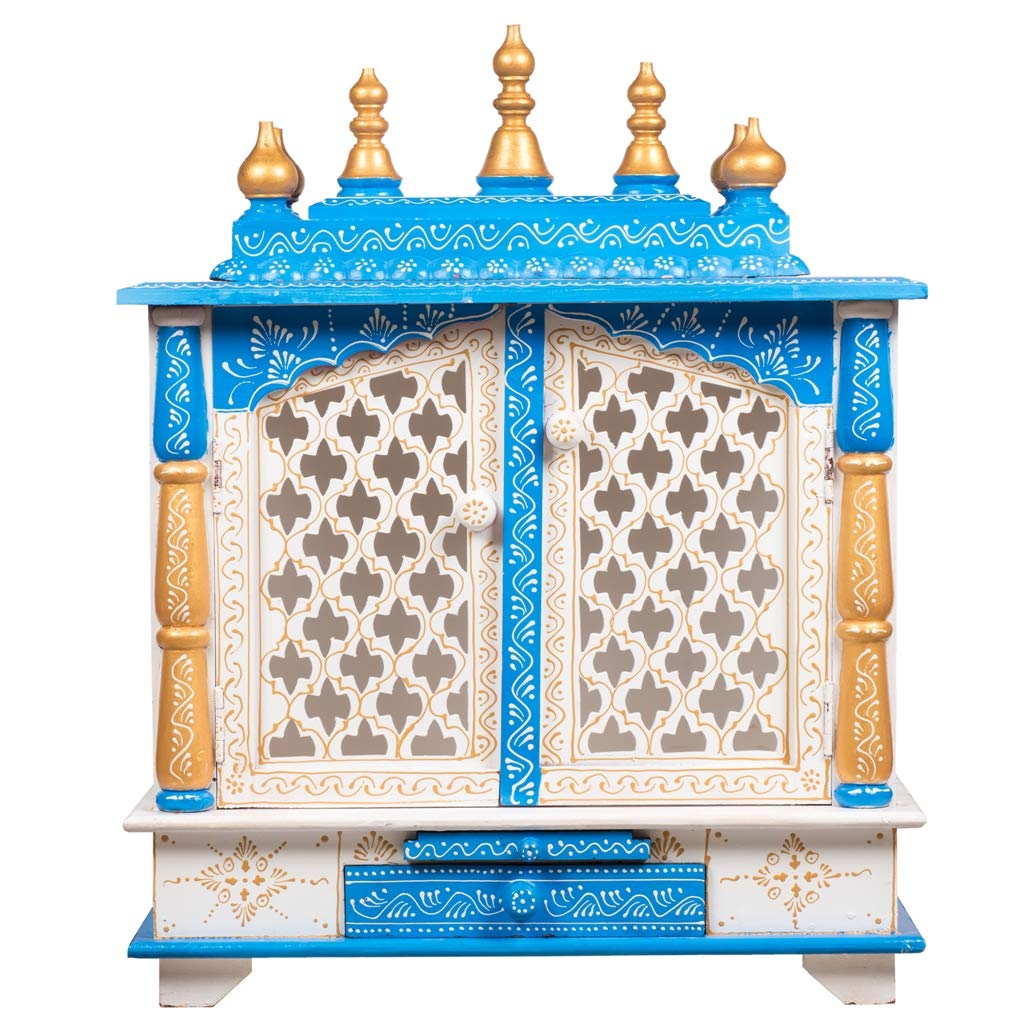 Kamdhenu Art and Craft Wood Home Temple (18 x 12 x 21 inch, White & Blue)