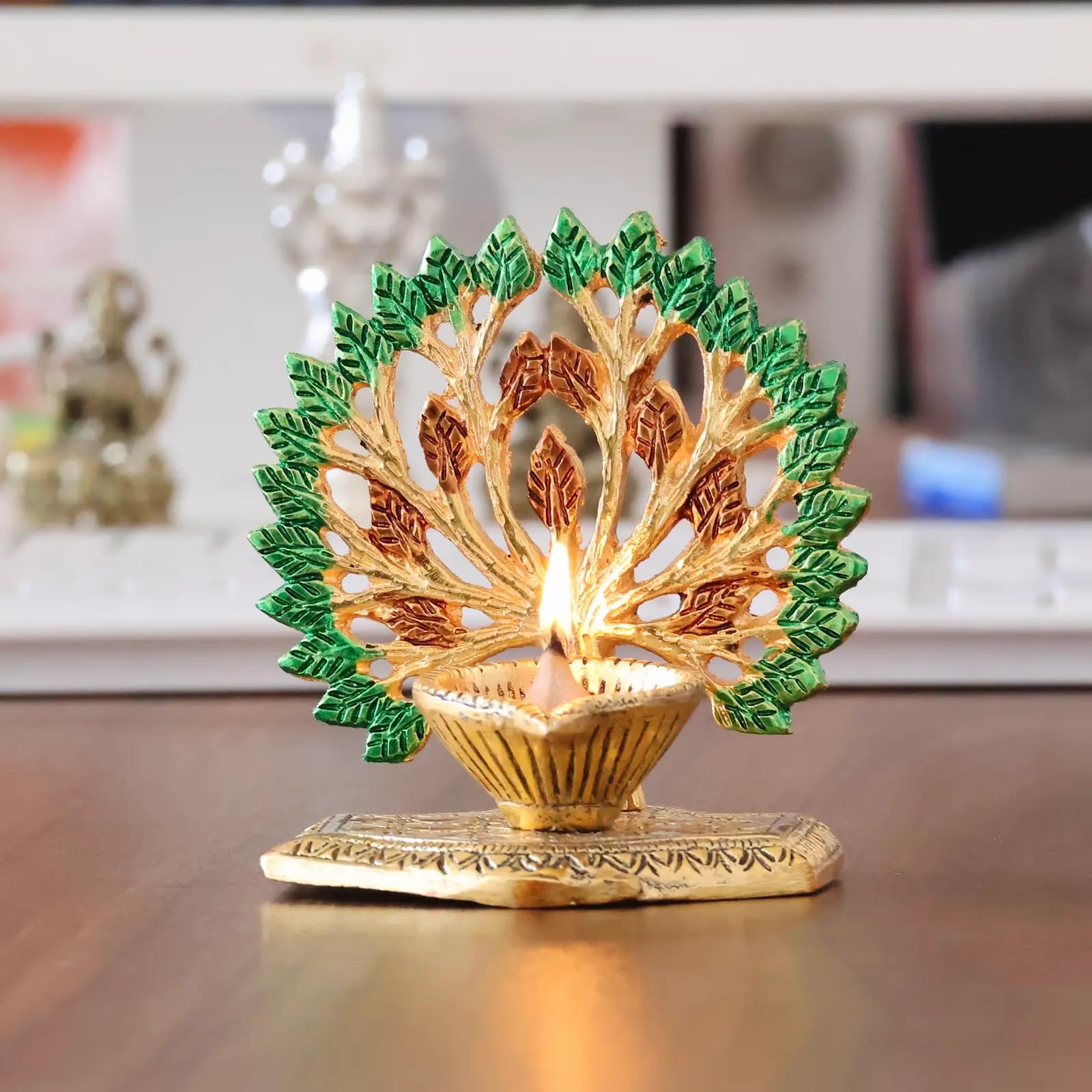 KridayKraft Exquisite Diya Figure Decorative Showpiece – Traditional Handcrafted Home Décor Accent for Festive Celebrations, Pooja Room, Temple, Office, and Living Space, Elegant Art (Golden)