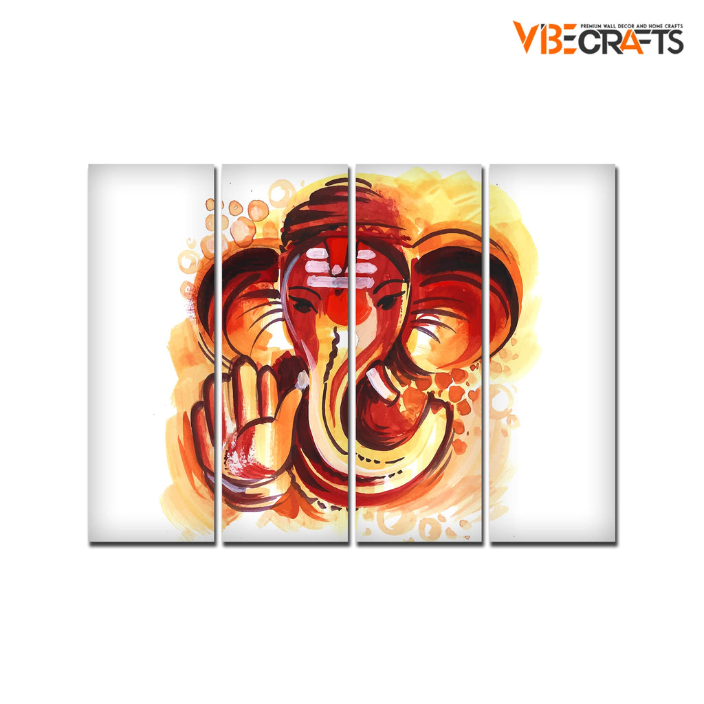 VIBECRAFTS 4 Pieces Deva Shree Ganesha Head Canvas Wall Painting Fitted With Wooden Frame For Home | Office | Living Room | Gift(PTVC4Pcs1_13524)