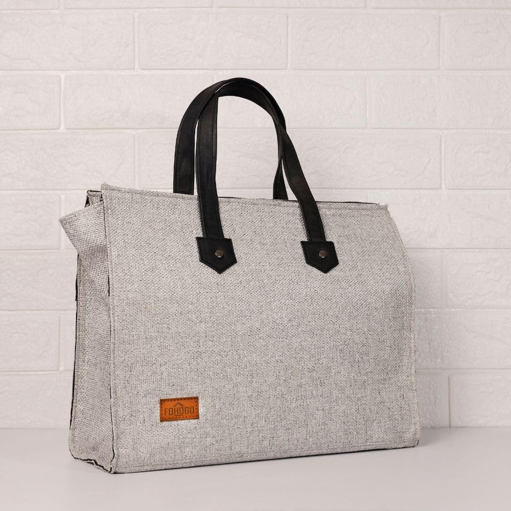 FOHOGO Jute Bag for Unisex | Lunch Bag/Tiffin Bag/Carry Bag/Jute Bag | Tote Bag for office (Light grey, Medium (14”x11”x5”))