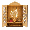 FA6 Wooden Home Temple Mandir for Pooja Room 3MM Premium MDF Wood Laser Cut Pooja Mandir with Doors & Storage Shelf Natural Oak Finish Tabletop Temple 15 x 10 x 7 Inch