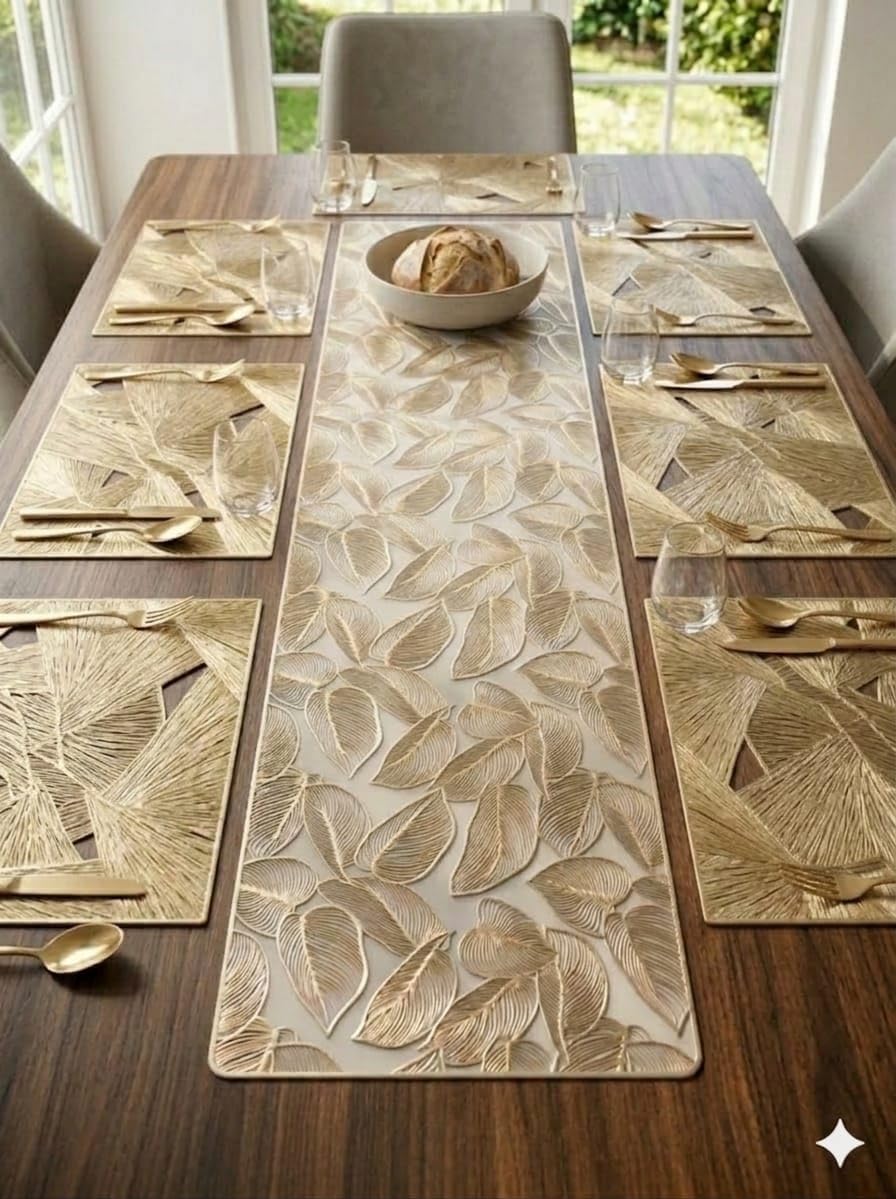 Placemat and Table Runner Set Combo for Dining Table Home Kitchen Table Mat Set for Everyday Dining Use (geomatric Prism Table mat + Luxury Gold Skeletal Leaf Table Runner, Pack of 9 ( 8+1)) Kafalo