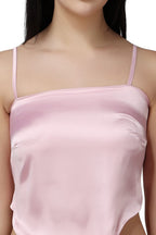 Popwings Women Casual Pink Satin Scarf Knot Solid Crop Top