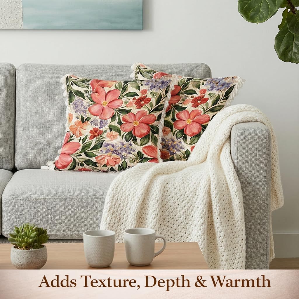 STITCHNEST 'Little Meadow Series' Tassled Cushion Cover | Set of 2 | Floral Cushion Cover 24 inch x 24 inch