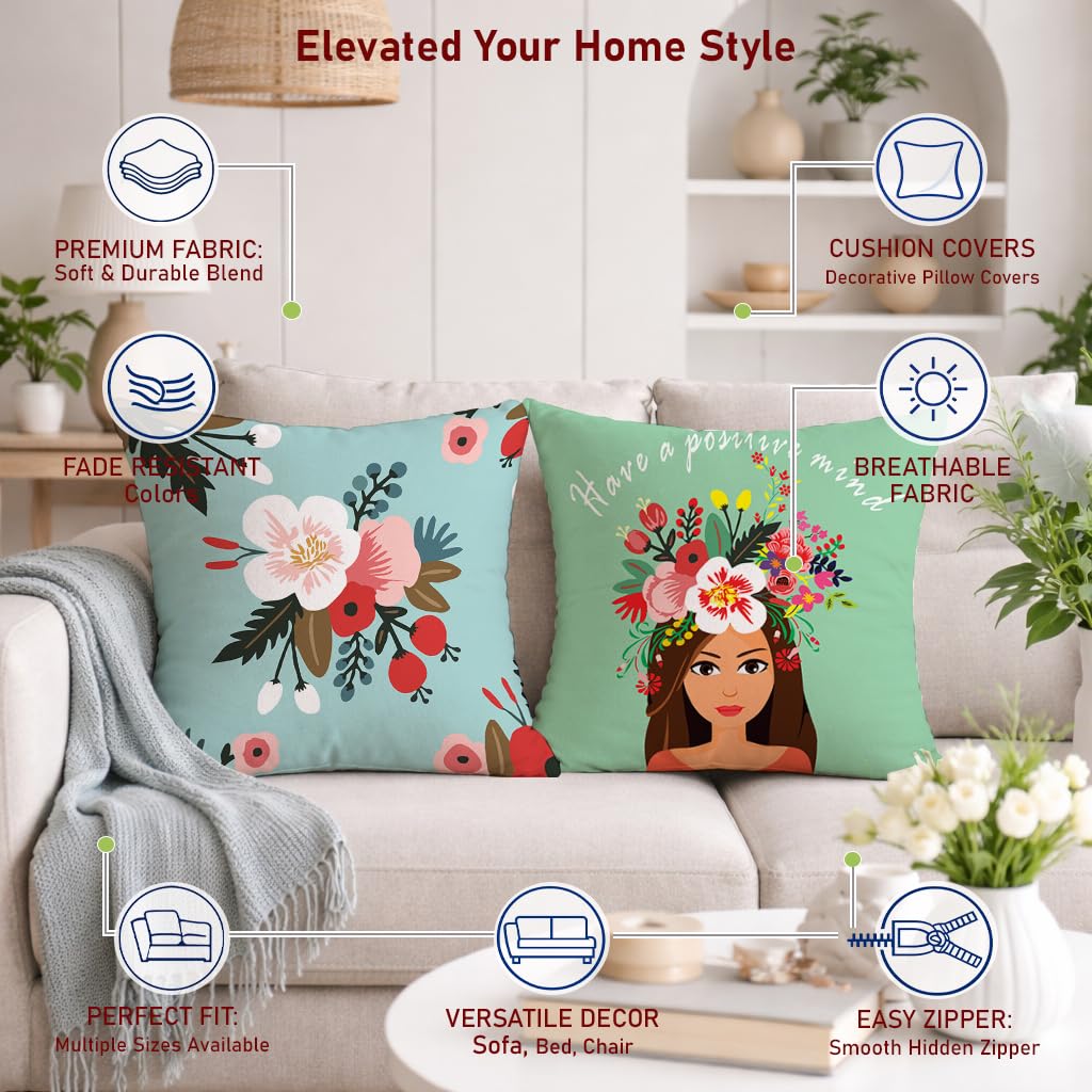 STITCHNEST Set of 2 Bloom & Positivity Collection Printed Jute Cushion Covers 16x16 Inches | Decorative Throw Pillow Covers for Sofa, Living Room, Bedroom | Perfect for Home Decor