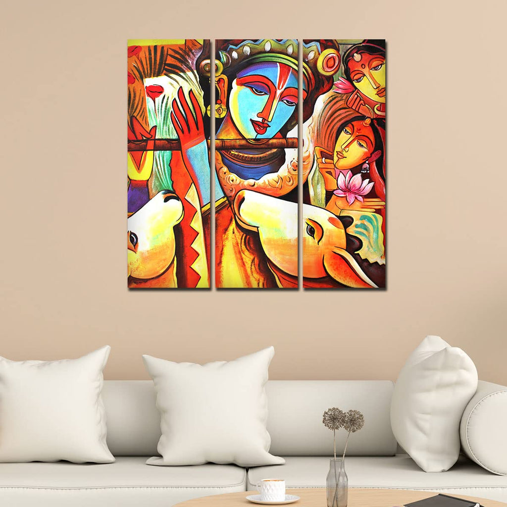 VIBECRAFTS 3 Pieces Beautiful Radha Krishna Canvas Wall Painting Fitted With Wooden Frame For Home | Office | Living Room | Gifts (PTVC3Pcs1_9550)