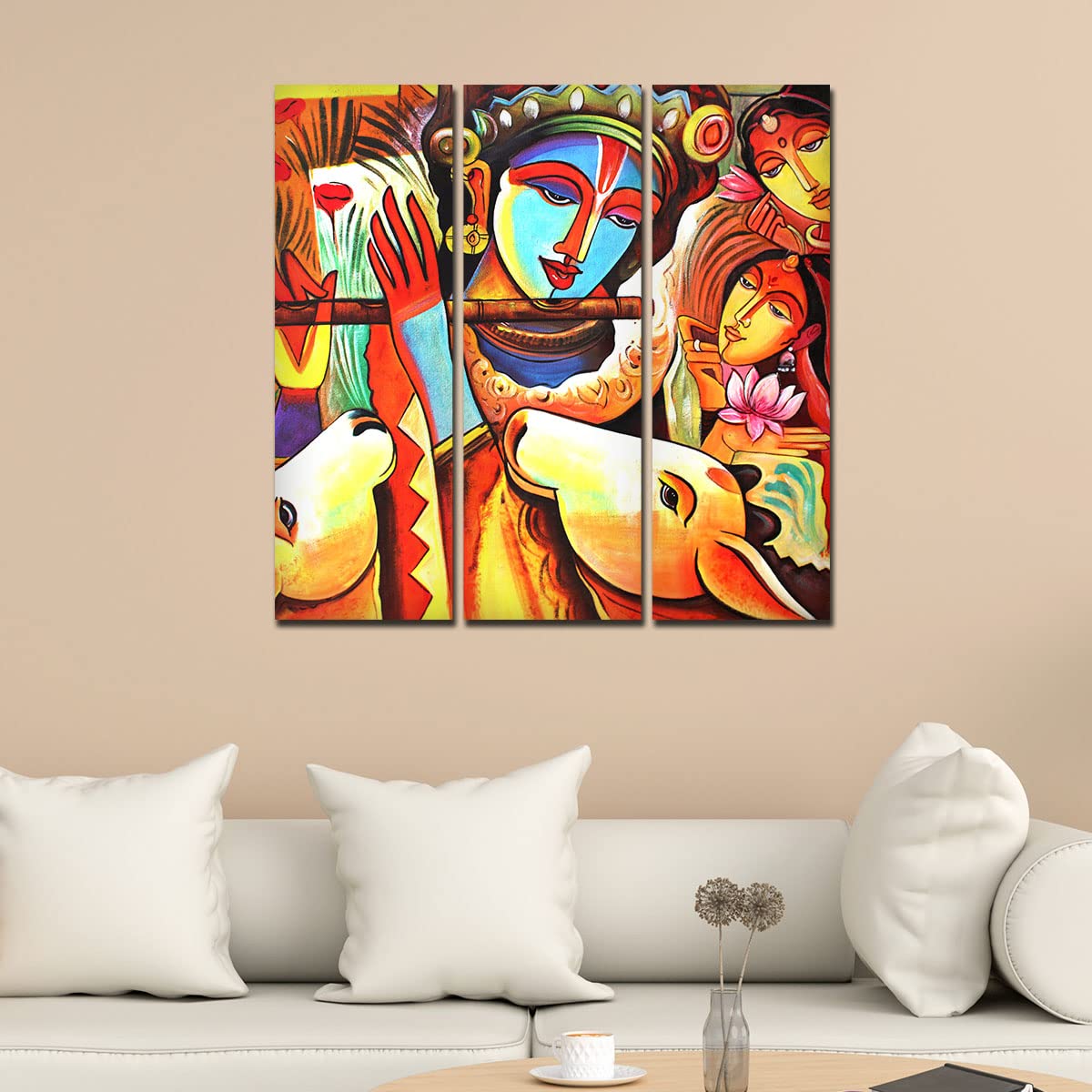 VIBECRAFTS 3 Pieces Beautiful Radha Krishna Canvas Wall Painting Fitted With Wooden Frame For Home | Office | Living Room | Gifts (PTVC3Pcs1_9550)