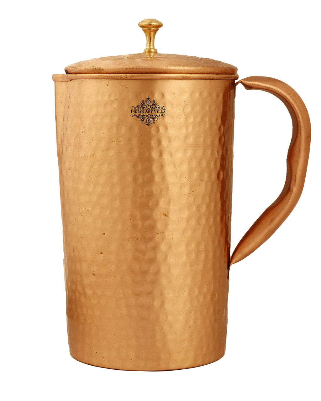 Indian Art Villa Hammered Lacqure Coated Copper Jug Pitcher with Brass Knob, Storage & Serving Water, Yoga Ayurveda Healing, Volume- 1000 ML