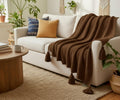 Furnistitchs Plain Solid Knitted Sofa Throw Blanket 50x60 inches / 125x150 cms| Cotton Plain Knit with Tassels | Aesthetic Bohemian Decorative Couch Throws for Living Room & Bedroom (Brown) Kafalo