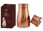 KC Pure Copper Designer Copper Water Bottle | Pitchers | Water Jug | Bedroom Jar | Bedside Bottle Carafes with Tumbler/Glass with Lid 1250 ML (Hammered)