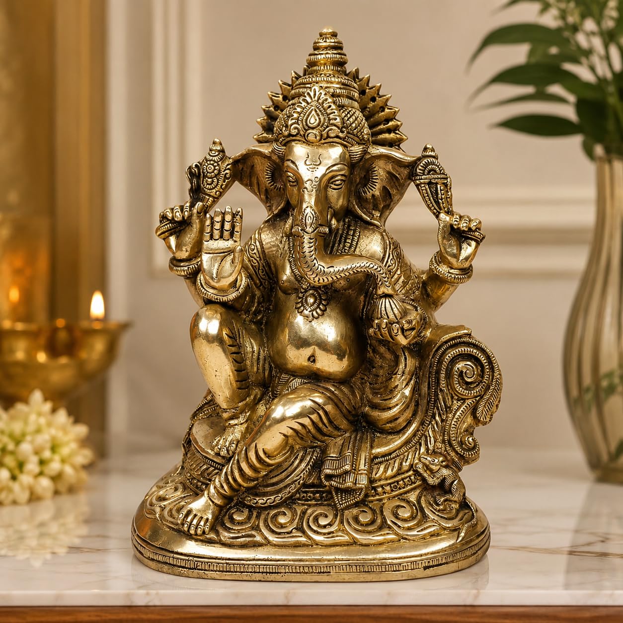 SVARUP Brass Ganesha Idol for Home Decoration Ganpati Statue Murti for Gift Height 10 Inch Color Gold