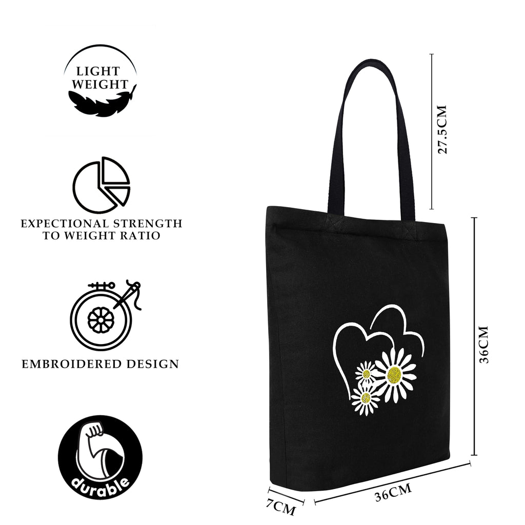 MASQ by Q-One Daisy heart Embroidered Canvas Tote Bags for Women with Zip, College Bag for Girls, 100% Organic Cotton Tote Bag for Traveling & Daily Use | Stylish Gifts for Women and Girl