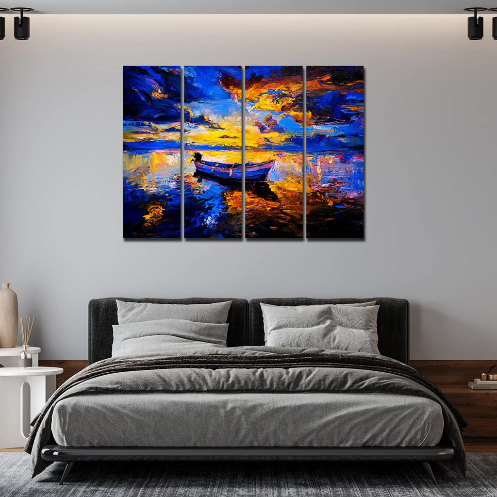 VIBECRAFTS Boat In Sunset Background 4 Pieces Canvas Wall Painting Fitted With Wooden Frame For Home | Office | Living Room | Gifts (PTVC4Pcs1_13502)