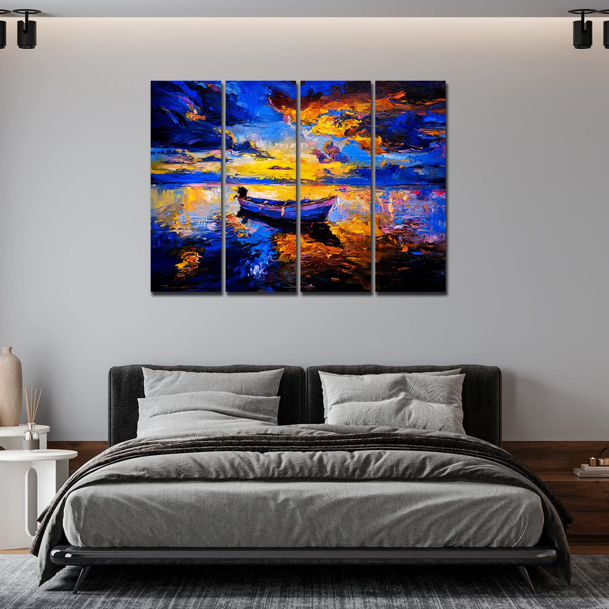 VIBECRAFTS Boat In Sunset Background 4 Pieces Canvas Wall Painting Fitted With Wooden Frame For Home | Office | Living Room | Gifts (PTVC4Pcs1_13502)