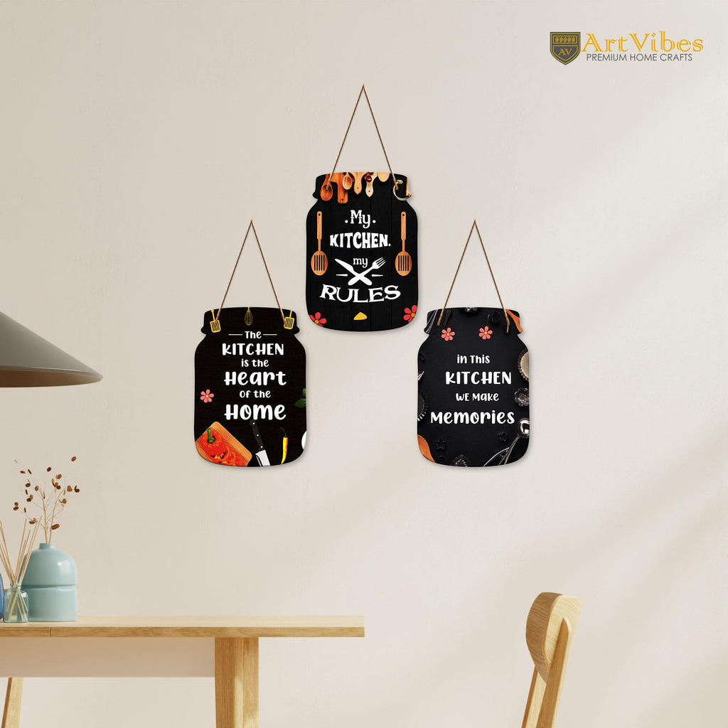 Artvibes My Kitchen My Rules Printed MDF Wooden Wall Art For Cafe | Kitchen | Restaurants | Quotes Decor Item | Kitchen Quotes Wall Hanging | Wall Illustrations | Gift Items (WH_8903N), Set of 3