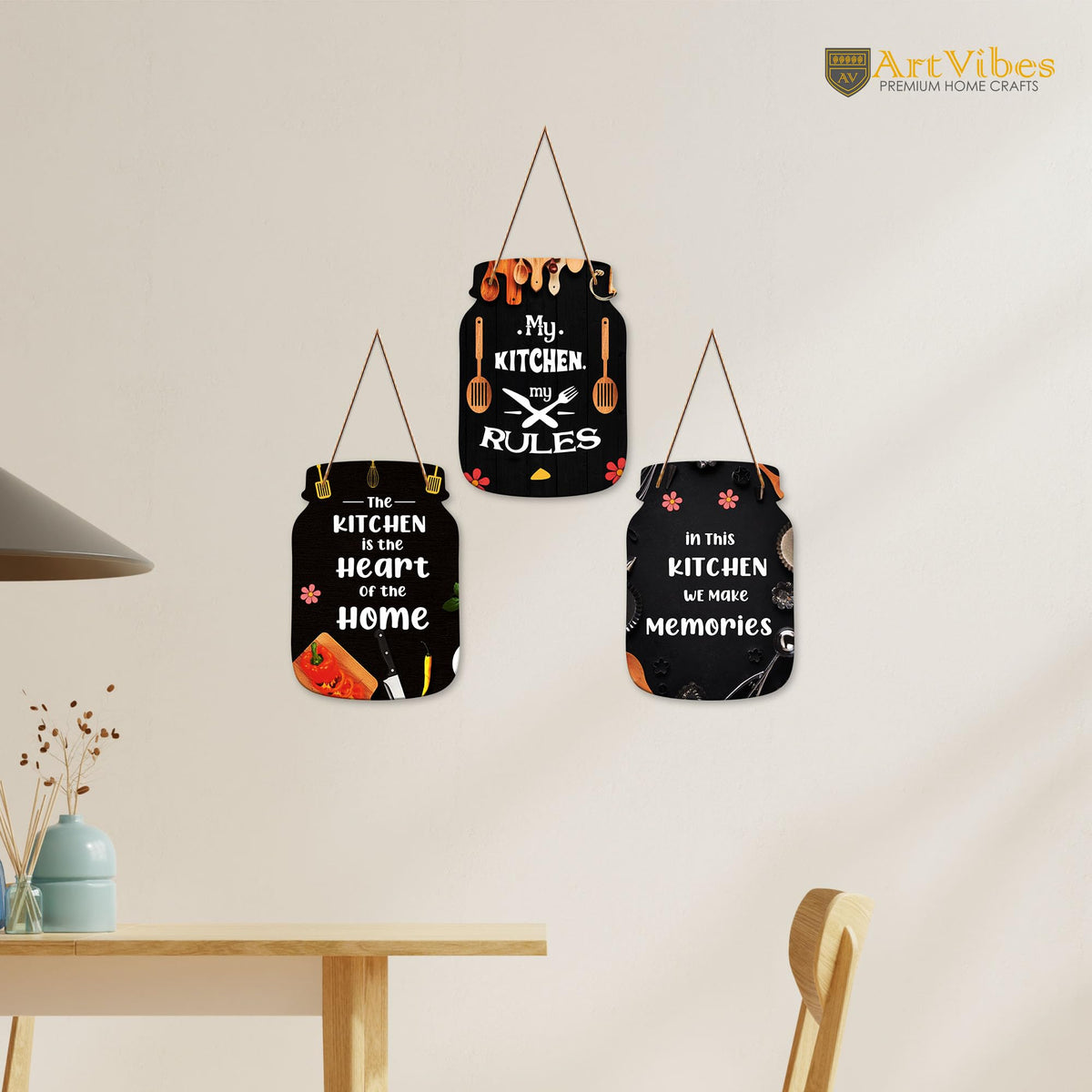 Artvibes My Kitchen My Rules Printed MDF Wooden Wall Art For Cafe | Kitchen | Restaurants | Quotes Decor Item | Kitchen Quotes Wall Hanging | Wall Illustrations | Gift Items (WH_8903N), Set of 3