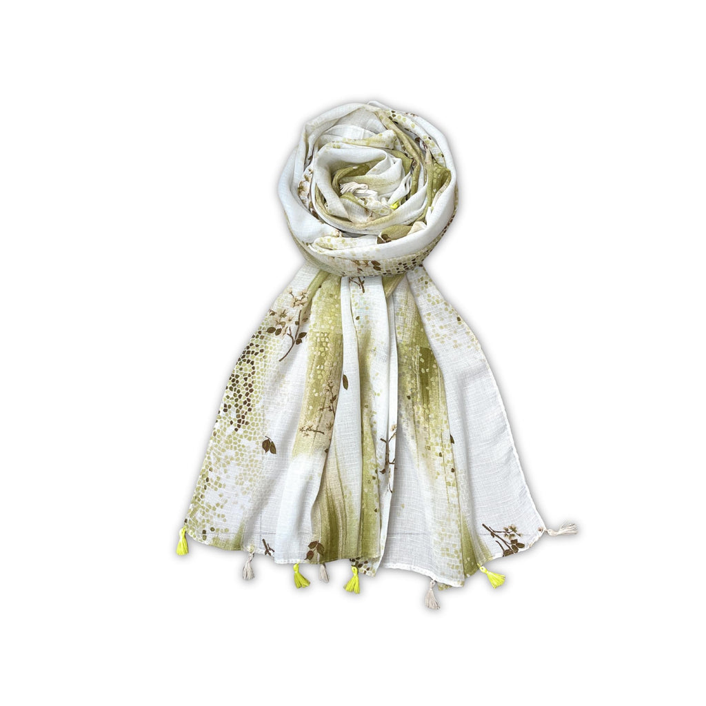 FAHABO Scarf Woman Floral Print Premium Mal Mal Textured Cotton Scarves with Tassels | Hijab Scarf | Headscarf | Neck Scarf | Stoles | Wraps | Size 71 L x 33 W (Elegance Olive Green, Brown)