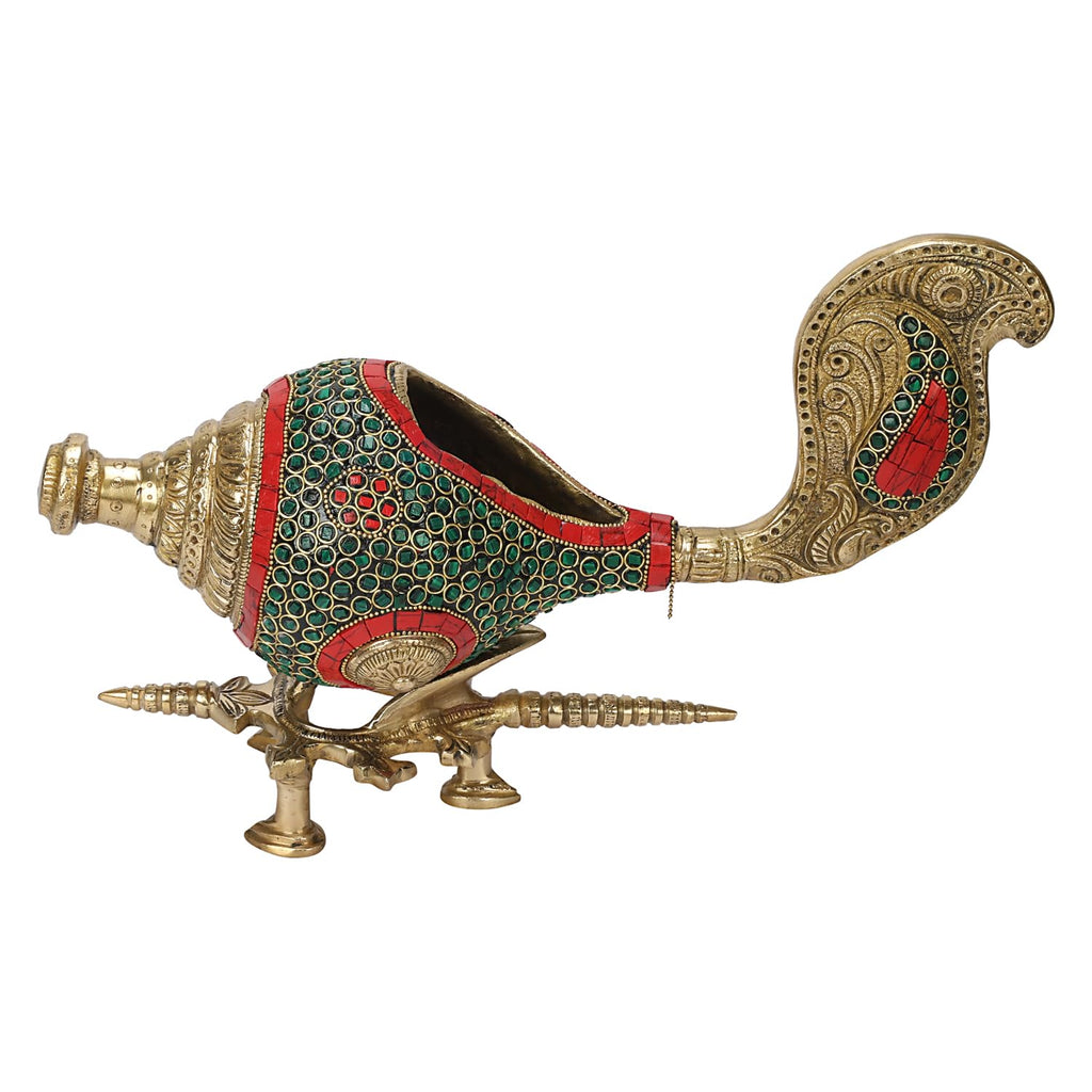 SVARUP Brass Shankh with Stand Conch Stand Shell, 14 Inch Table Top Multicolor