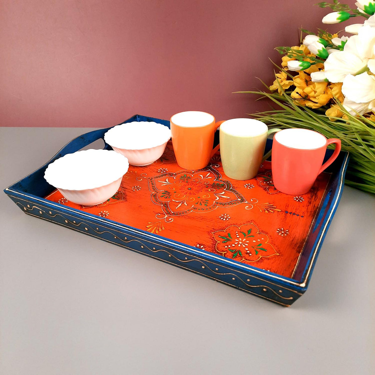 Apkamart The Online Shop Handicraft Serving Tray - Set of 3 - Hand Crafted Decorative Wooden Tray for Table Decor, Home Decor, Dining and Serving and Gifts