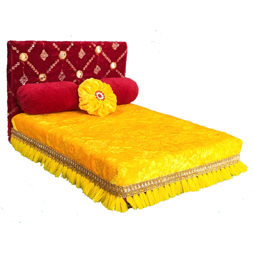 Laddu Gopal Bed Wooden with Blanket and Pillows (Yellow and Maroon) / Thakur Ji Bed/Krishna Ji/Singhasan Super Soft Kanha