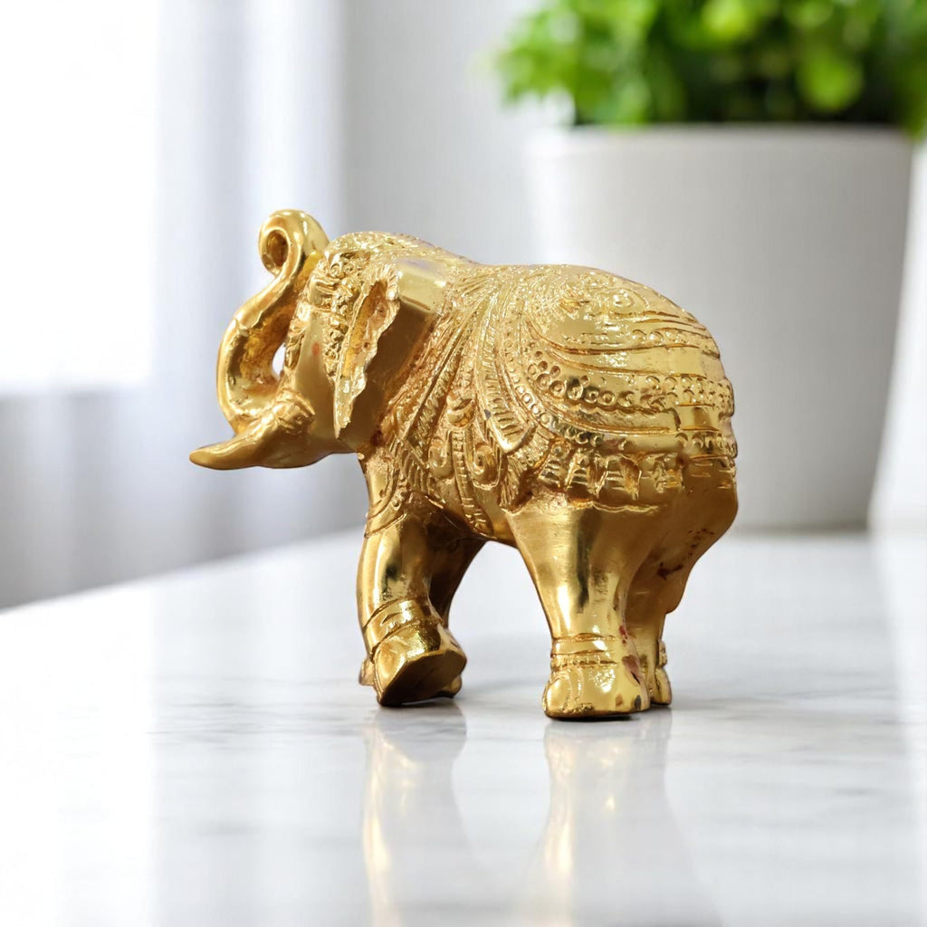 KridayKraft Decorative Golden Elephant Statue Trunk up Metal Figurine, 12 cm x 9.5 cm x 6 cm, 400 gm, Traditional Design