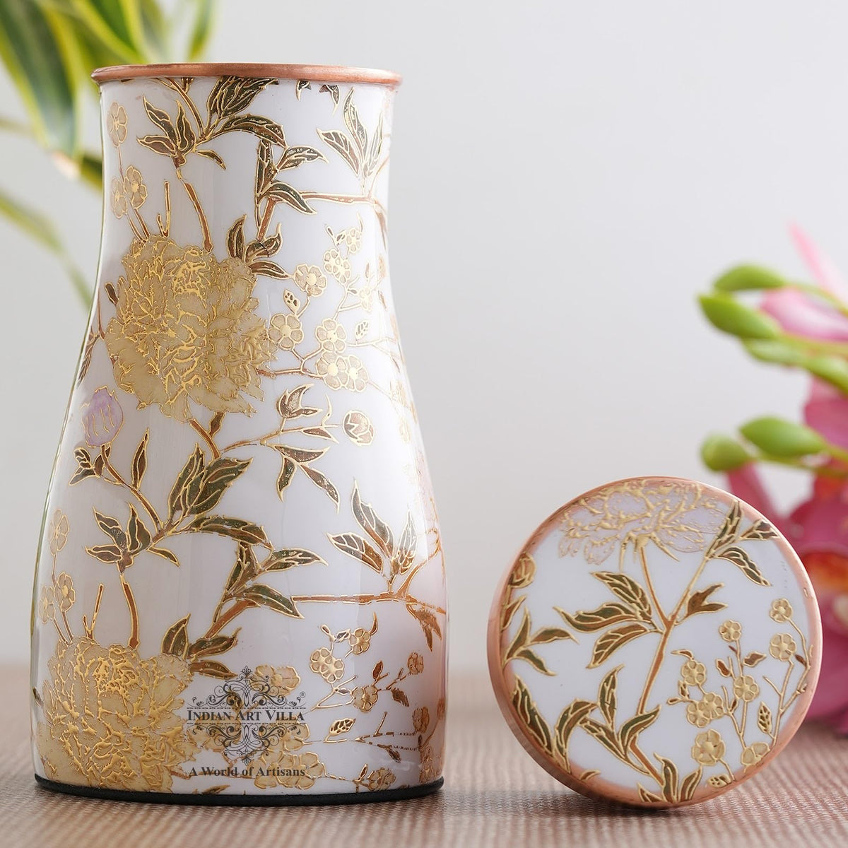 INDIAN ART VILLA Pure Copper Bedroom Bottle with Inbuilt Glass - Floral Design, Drinkware & Serveware, Perfect for Home, Office, and Gifting, Volume- 950 ML