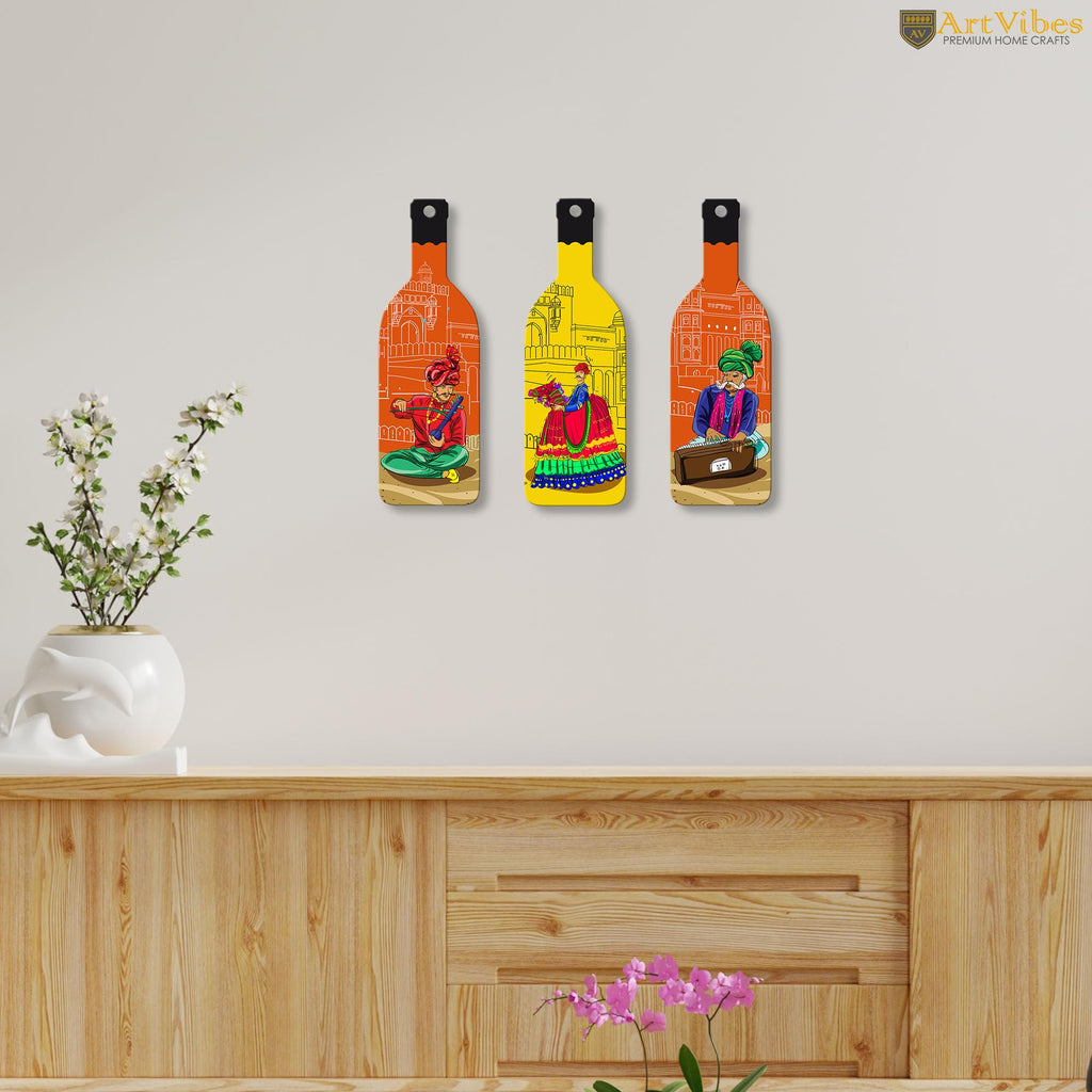 Artvibes Rajashtani Music Culture Decor Bottle shaped Wooden Wall Hanging | Wall Sculpture | Signs & Plaques | Handcrafted Art | Artwork | Aesthetic Wooden Decor | Unique Gift (WH_9513N), Set of 3