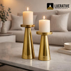 LUCRATIVE® Gold Metal Candle Holders – Handcrafted Modern Pillar Stands, Decorative Table Centerpiece for Dining Table, Living Room, Bedroom & Wedding Home Decor, Set of 2 (Candles Not Included)