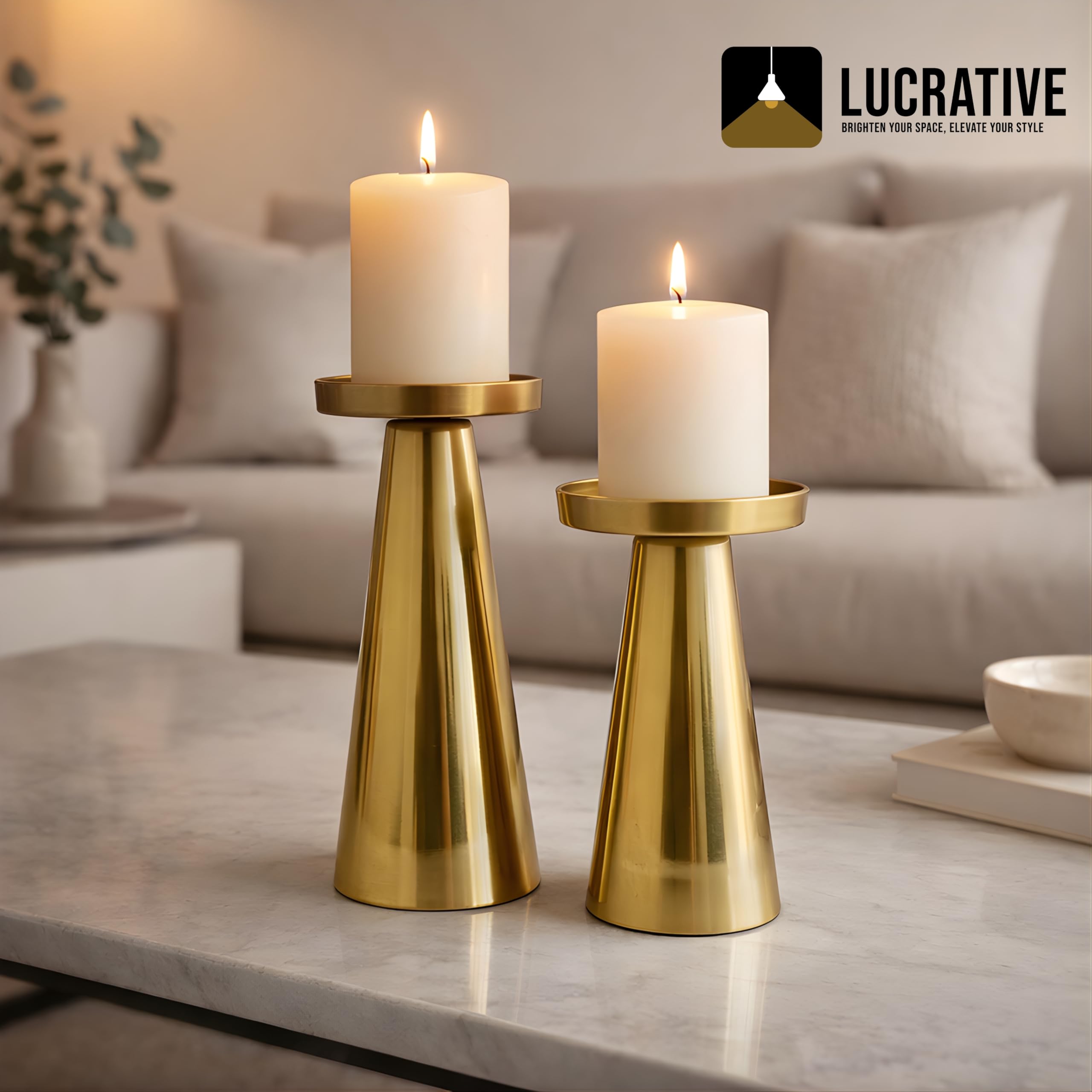 LUCRATIVE® Gold Metal Candle Holders – Handcrafted Modern Pillar Stands, Decorative Table Centerpiece for Dining Table, Living Room, Bedroom & Wedding Home Decor, Set of 2 (Candles Not Included)