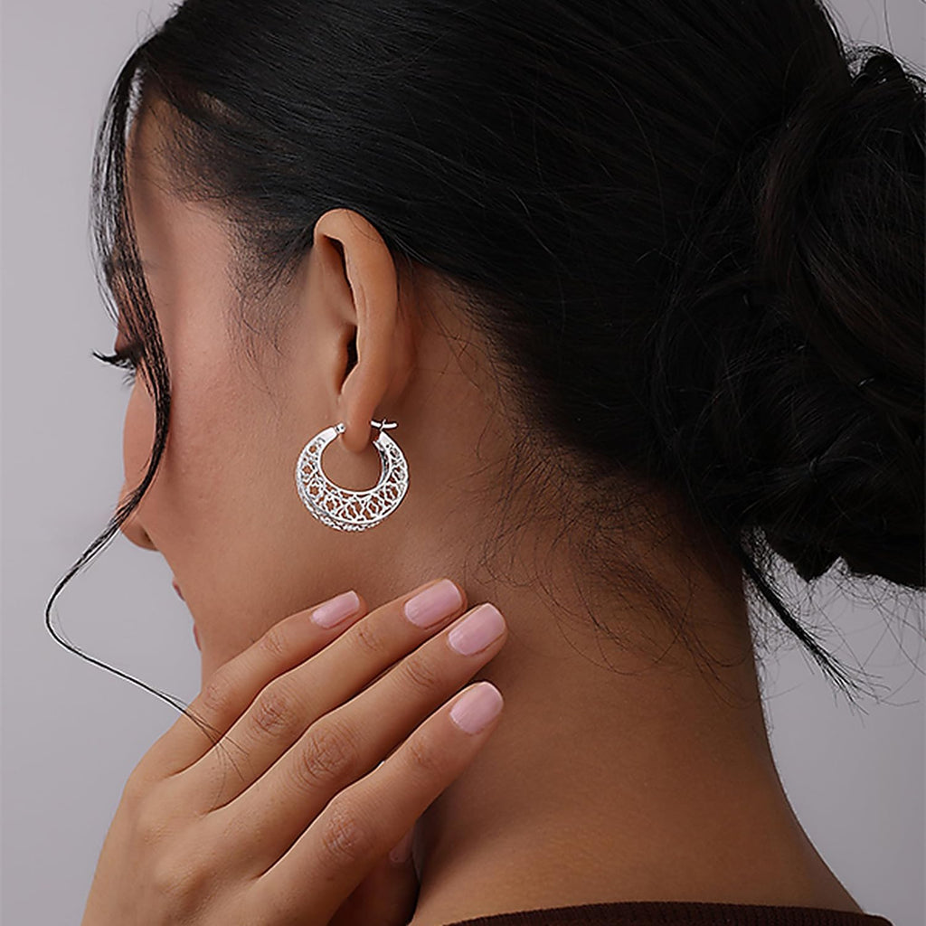 TRUESILVER ACPL 925 Sterling Silver Small Mesh Filigree Hoops Earring Handmade Round Basket Weaven Hoop Earrings for Women Teen 25 MM