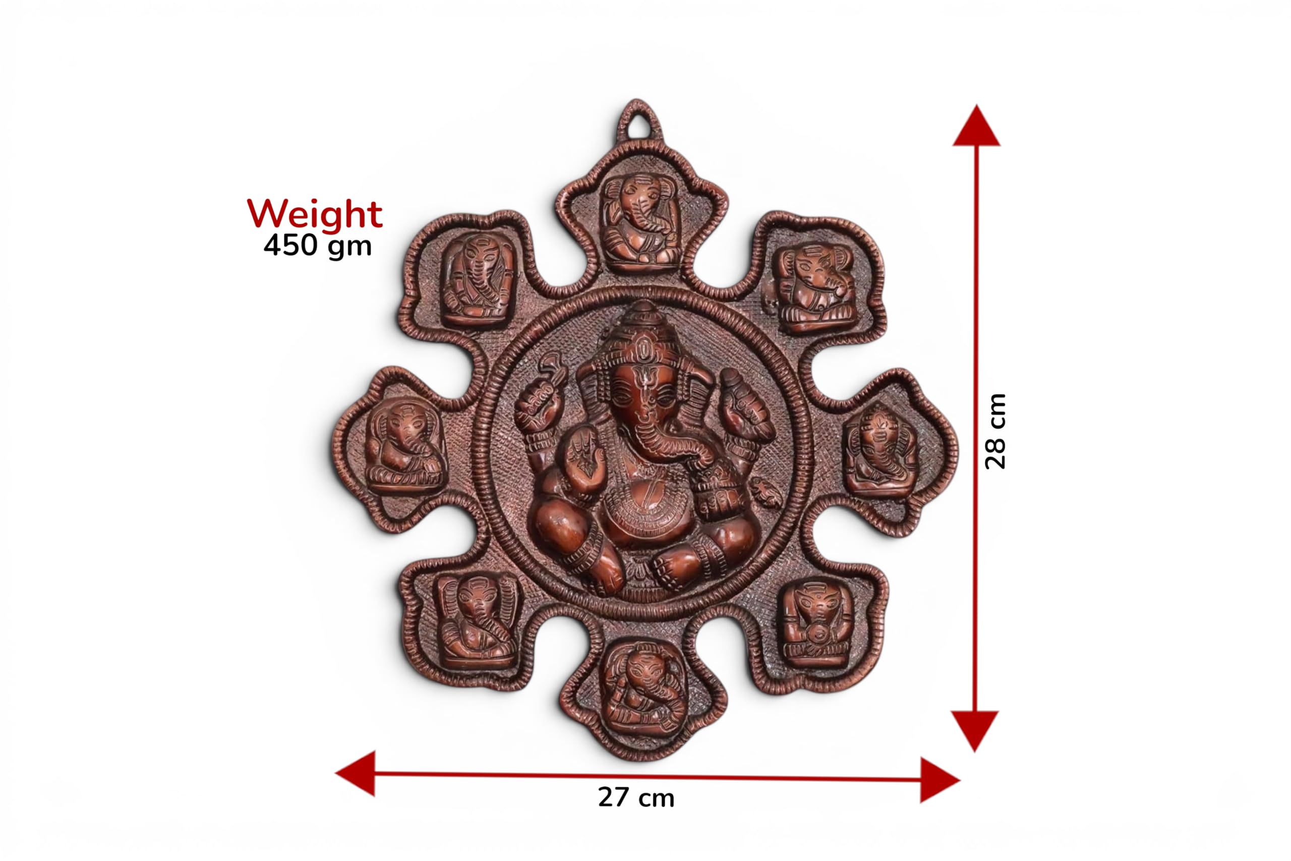 Lord Ganesha Ashtavinayak Wall Hanging Metal Plaque - 28cm x 27cm Antique Copper Finish Idol for Home Decor, Living Room & Entrance | Religious Figurine Gift Item (450g)