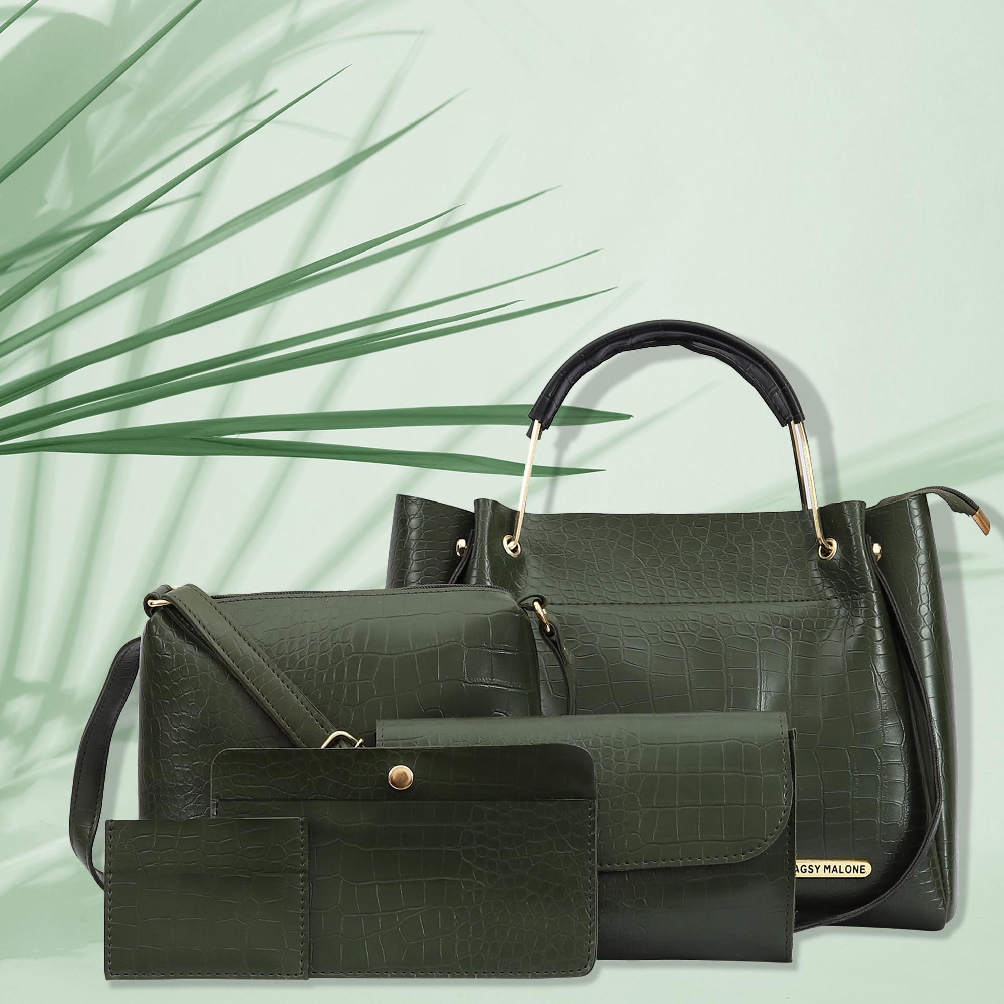 Bagsy Malone Women's Vegan Leather Stylish Tote Bag | Pack of 5 | Ladies Purse Handbag (Croco Olive)