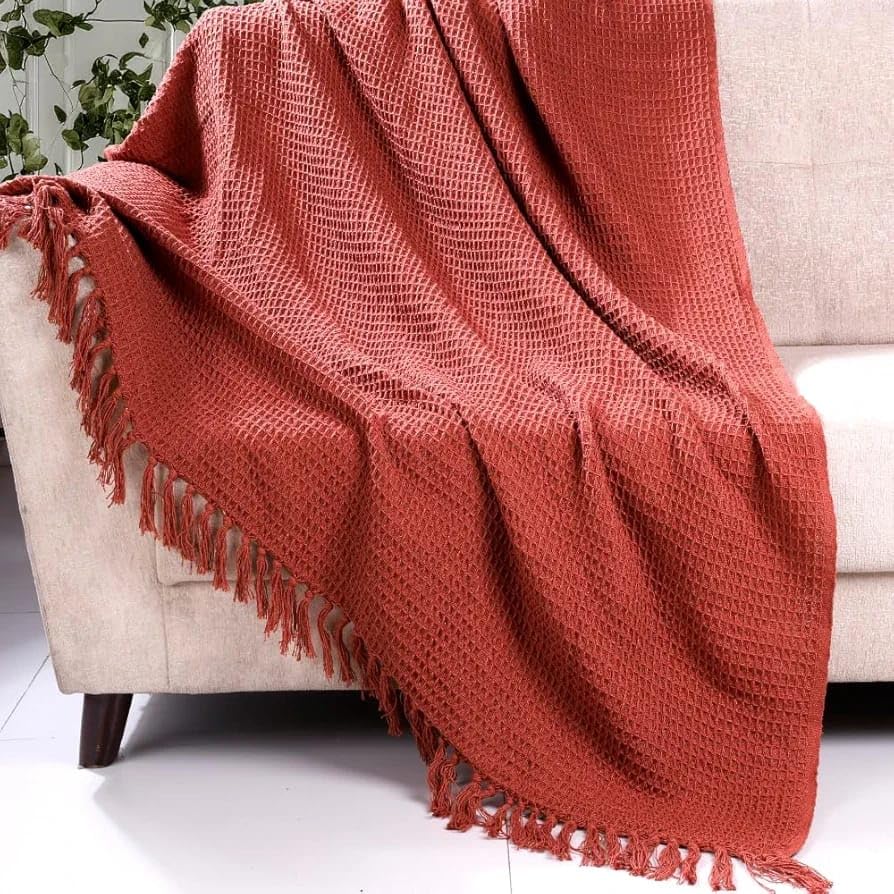 Tarantaran Waffle Weave Cotton Throw Blanket – Lightweight, Breathable & Cozy for Sofa or Bed (100% Cotton)(50X60 Inches) (Rust) Kafalo