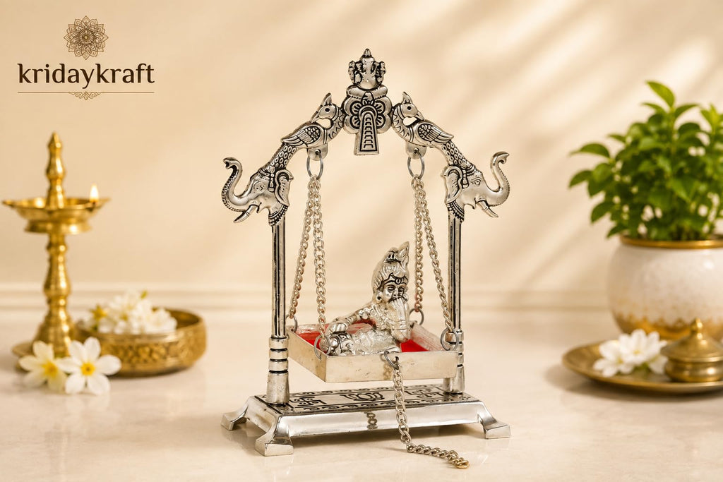KridayKraft Silver Plated Metal Krishna Jhula with Elephant Design Stand | Lord Krishna on Swing Idol for Home Decor, Janmashtami Puja, Temple, & Spiritual Gifting.