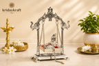 KridayKraft Silver Plated Metal Krishna Jhula with Elephant Design Stand | Lord Krishna on Swing Idol for Home Decor, Janmashtami Puja, Temple, & Spiritual Gifting.