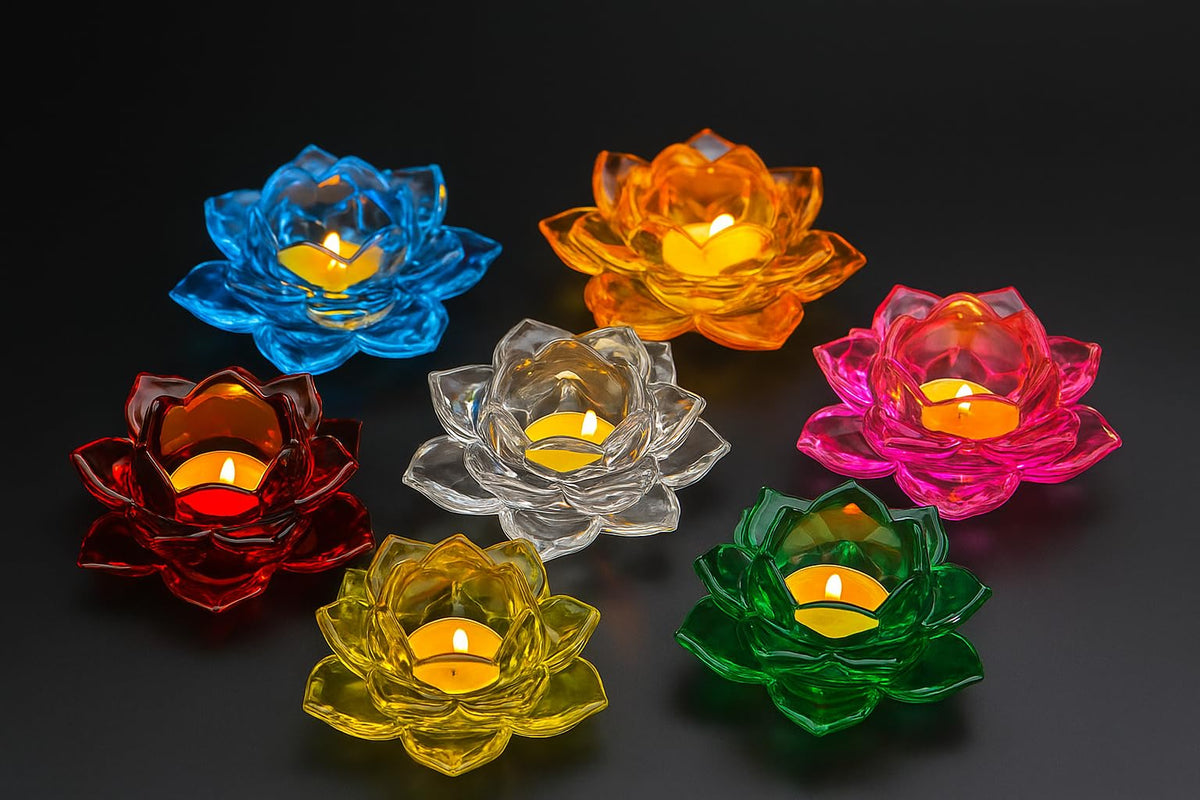 opriQ Decorative Crystal Glass Lotus Candle Holder || Beautiful Tealight Stand for Home, Office, Weddings Centerpieces & Festival Lighting(Multicolor) (Pack of 1)