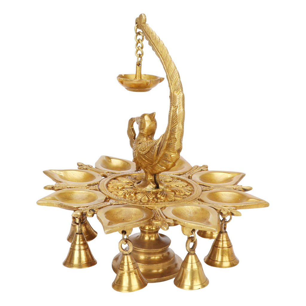 Artvarko Big Brass Parrot Hanging Diya with Bells Traditional Deepak for Puja Diwali Lights Pooja Home Decor Mandir Gift Holder Gold 10 Inches