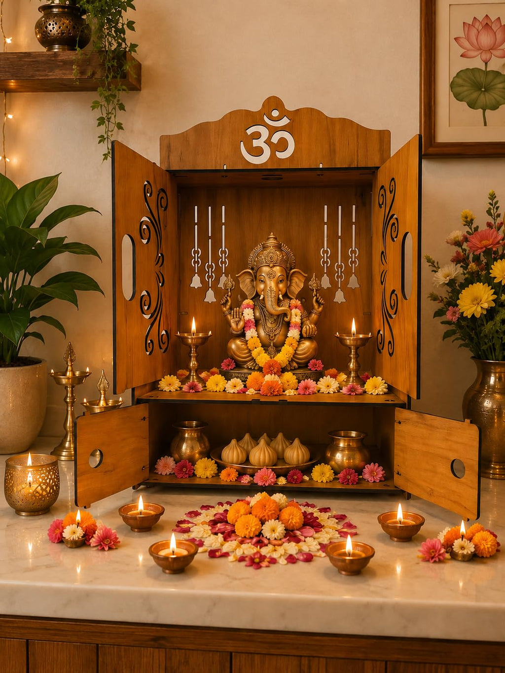 EXPRO Wooden Pooja Mandir for Home with Door | Engineered Wood Home Temple with Storage Space | Wall Mounted Temple for Office & Living Room | DIY Mandap with OM & Ganeshji Design (Brown | Design 1)