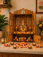 EXPRO Wooden Pooja Mandir for Home with Door | Engineered Wood Home Temple with Storage Space | Wall Mounted Temple for Office & Living Room | DIY Mandap with OM & Ganeshji Design (Brown | Design 1)