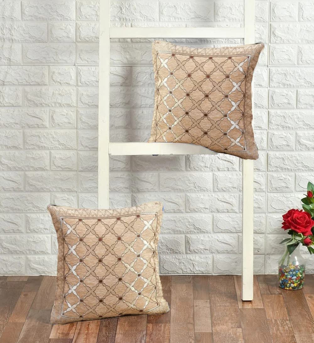 DECOMIZER Jacquard Geomteric Cushion Covers 24 Inch X 24 Inch Set Of 2 Ethnic Motifs 240 TC Cushion Covers,Design- Criss-Cross,Color- Beige