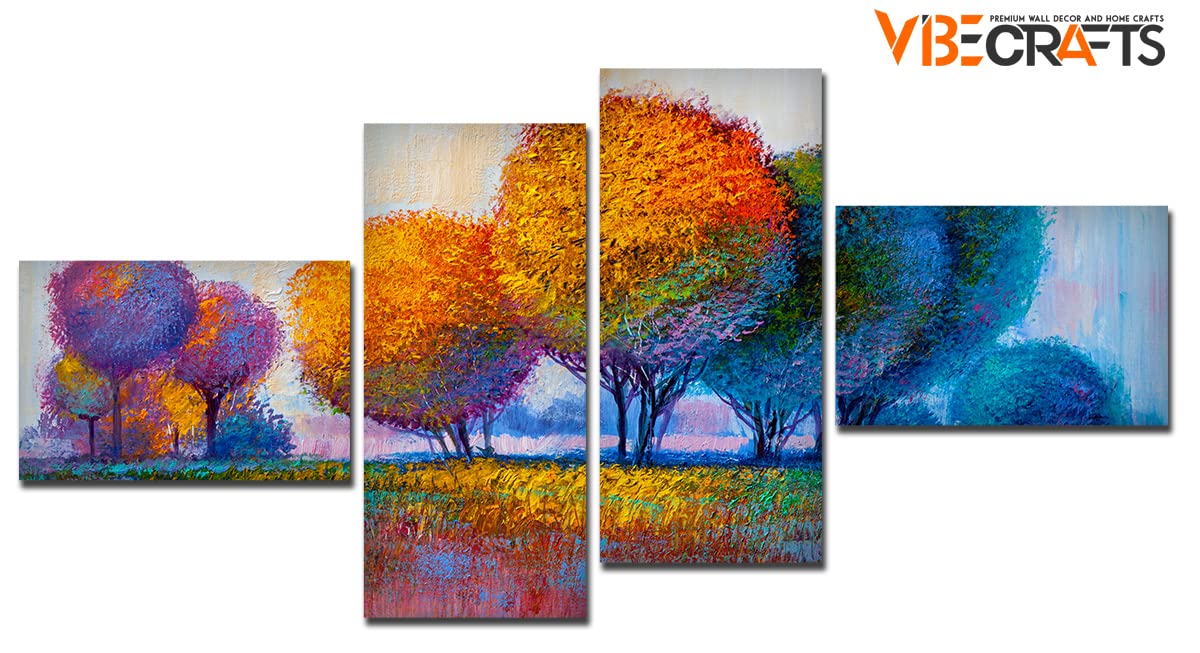 VIBECRAFTS Beautiful Colorful Trees 4 Pieces Canvas Wall Painting Fitted With Wooden Frame For Home | Office | Living Room | Gifts (PTVC4Pcs3_15504)