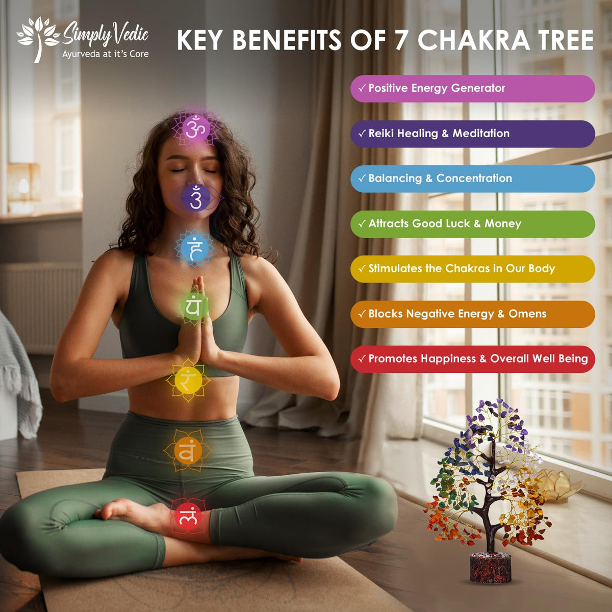 Simply Vedic 7 Chakra Crystal Tree 300 Beads | Natural Healing Gemstone Money Tree for Positive Energy & Good Luck | Feng Shui Showpiece for Home Decor, Living Room & Office Desk