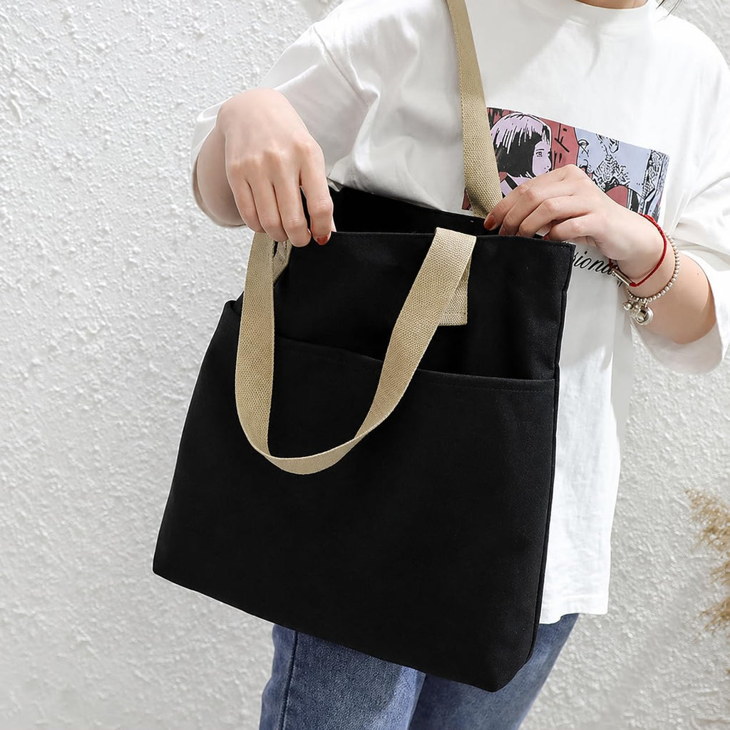 HOMELYA Cotton Tote Bag for Women | College & Office Shoulder Bag | Fits 14 Laptop | Inner & Outer Pockets | Ladies Utility Bag for Shopping, Travel & Daily Use