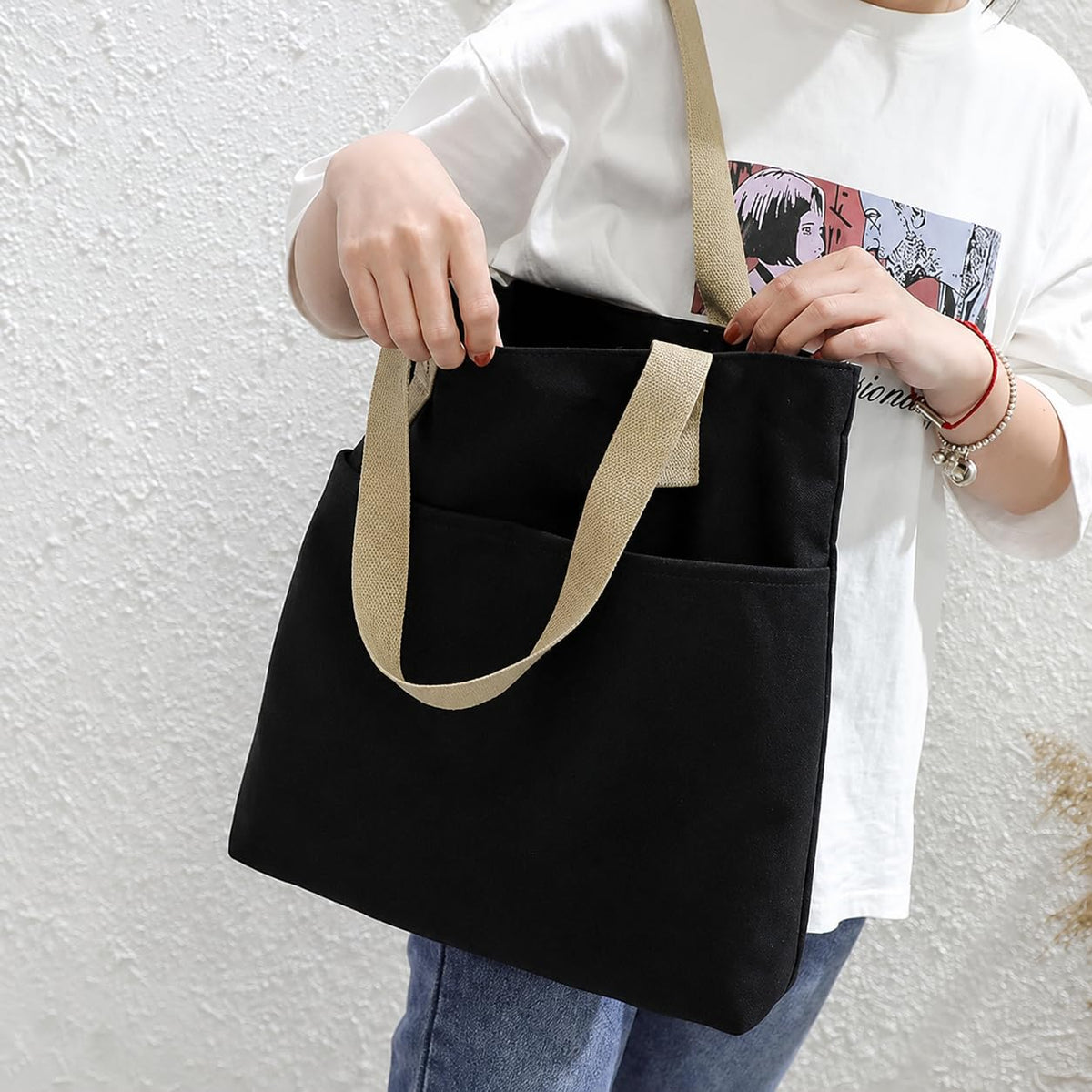 HOMELYA Cotton Tote Bag for Women | College & Office Shoulder Bag | Fits 14 Laptop | Inner & Outer Pockets | Ladies Utility Bag for Shopping, Travel & Daily Use