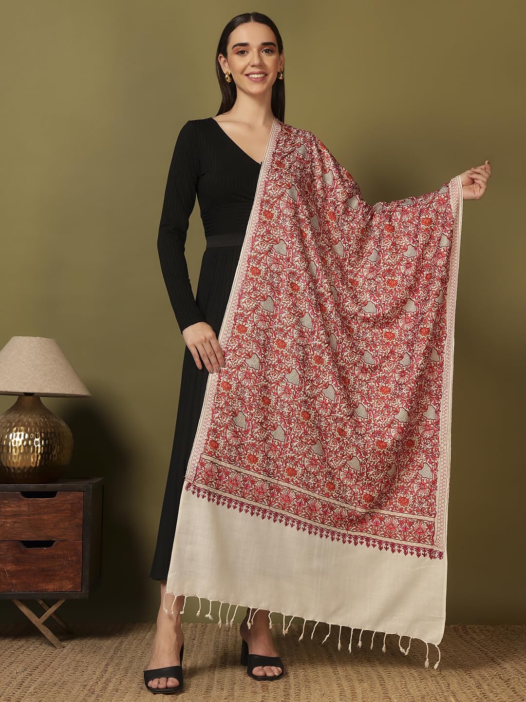 Pashmoda Women Hunar Fine Wool Nalki Embroidered Stole (Size : 28x80in, 71X203cm) EMST02