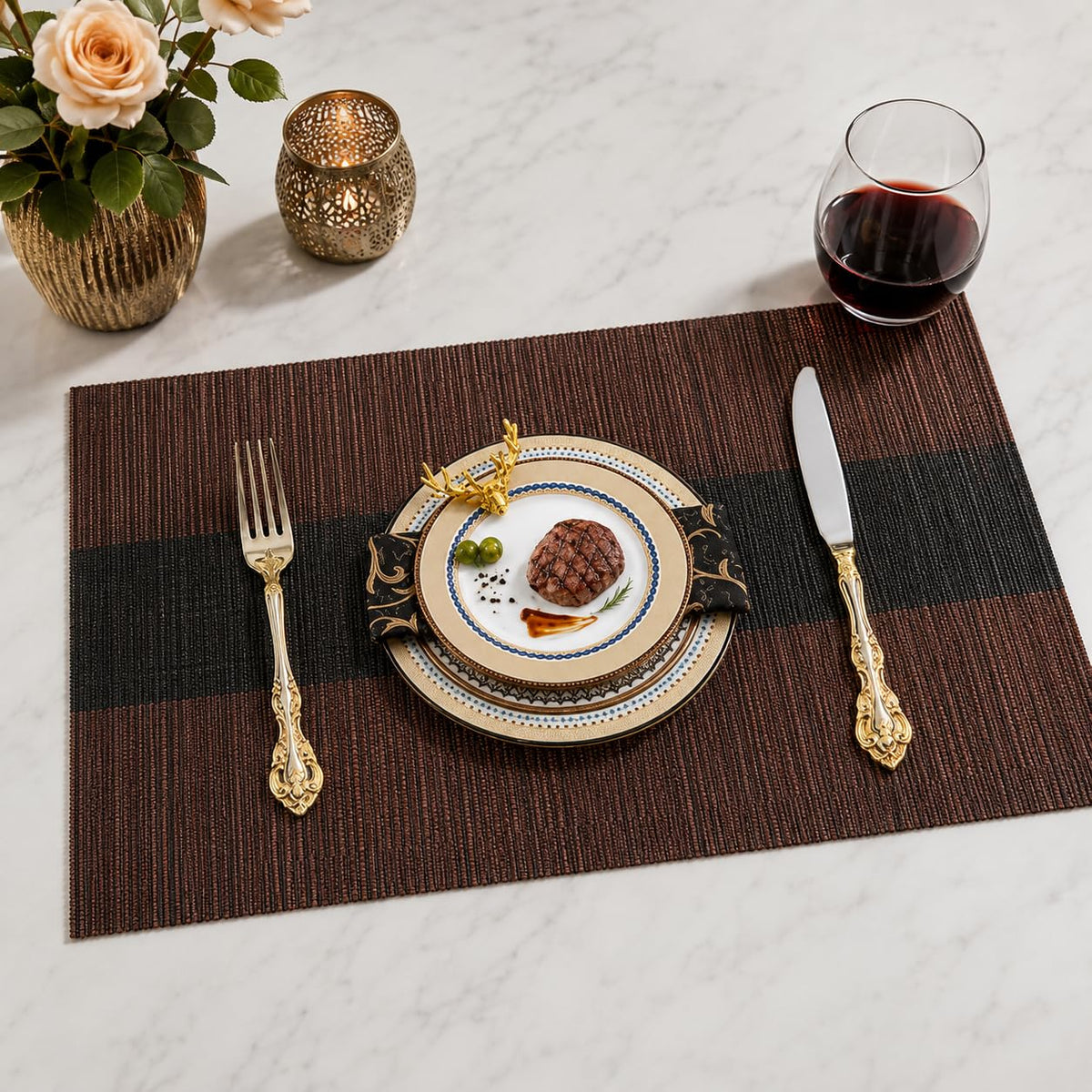 OXSAM Placemats, Heat Insulation Non-Slip Vinyl mats, Stain-Resistant Tablemats for Home and café Dining Table Décor (Brown & Black, Pack of 4) Kafalo